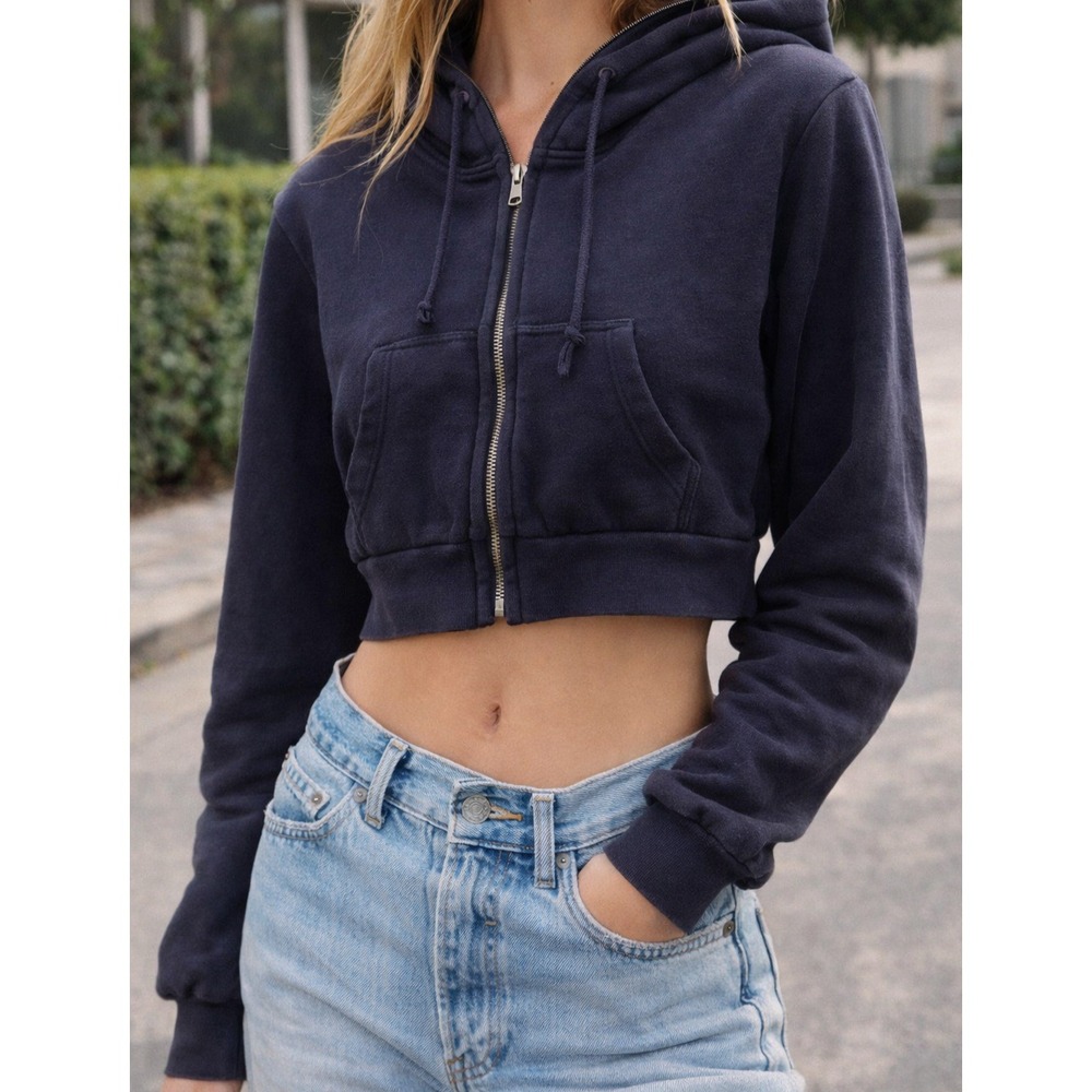Brandy Melville John Galt Navy Zip Up Hoodie Sweatshirt OS Cropped Loungewear